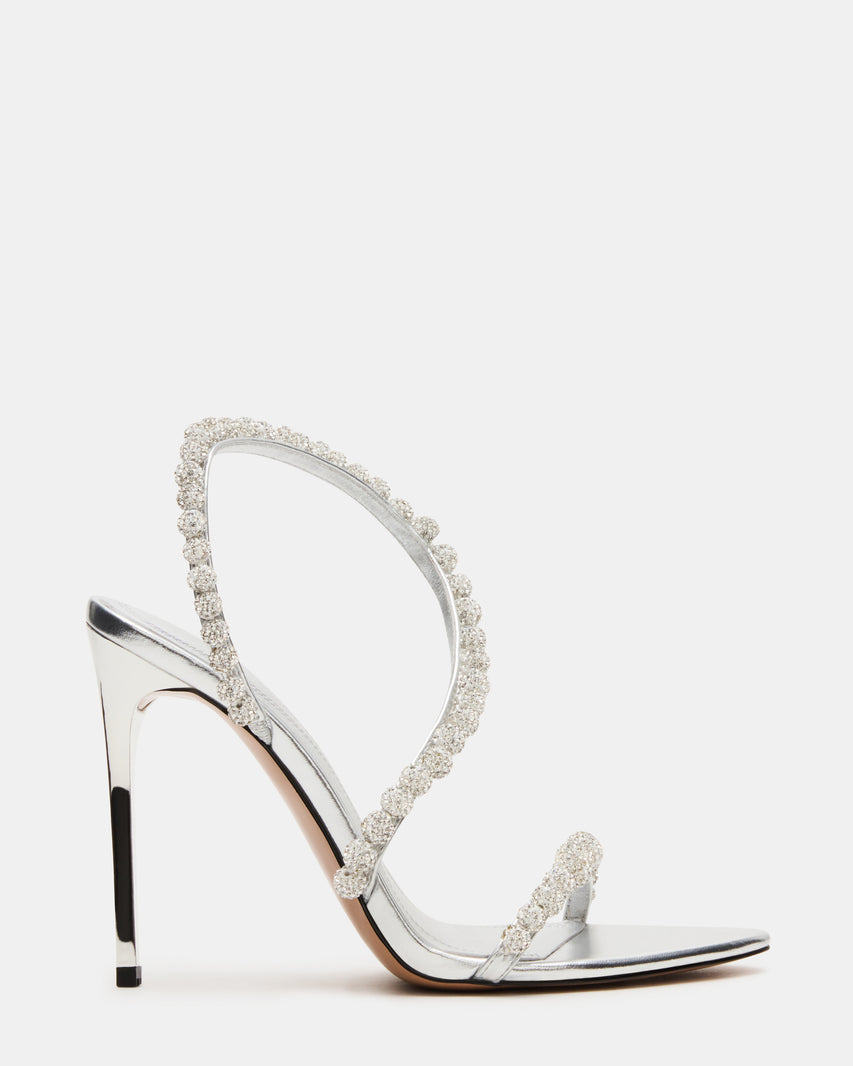 Silver stiletto heels with strappy rhinestone embellishments