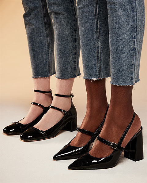 MAEGAN and SABRINA Black Patent Heels by Steve Madden - model view