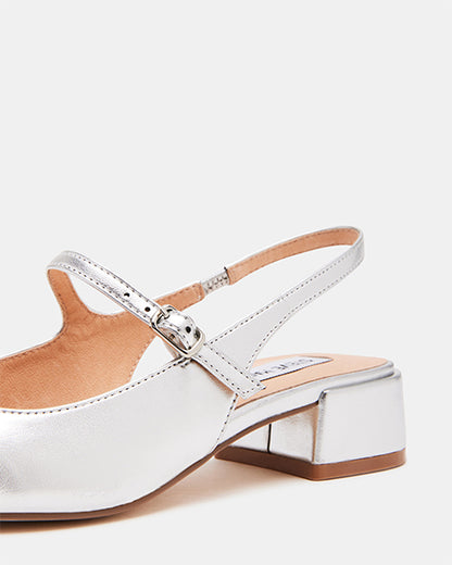 MARJORIE-E Silver Mary Janes by Steve Madden - close up  view