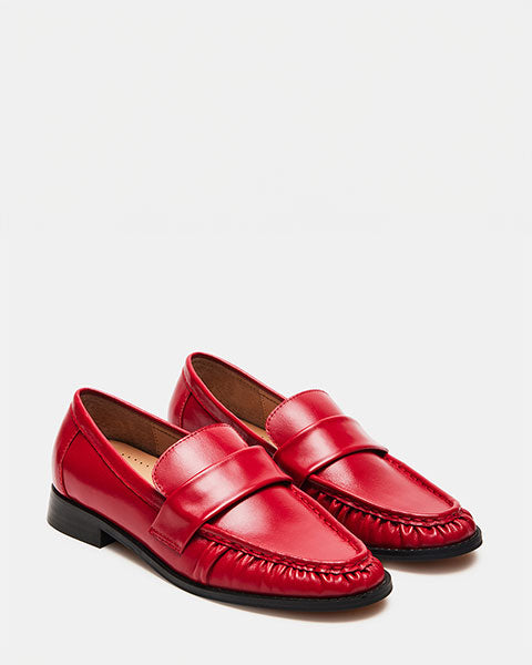RIDLEY Red Leather Loafers by Steve Madden - front side view