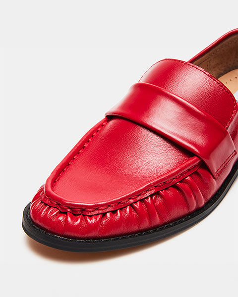 RIDLEY Red Leather Loafers by Steve Madden - close up view